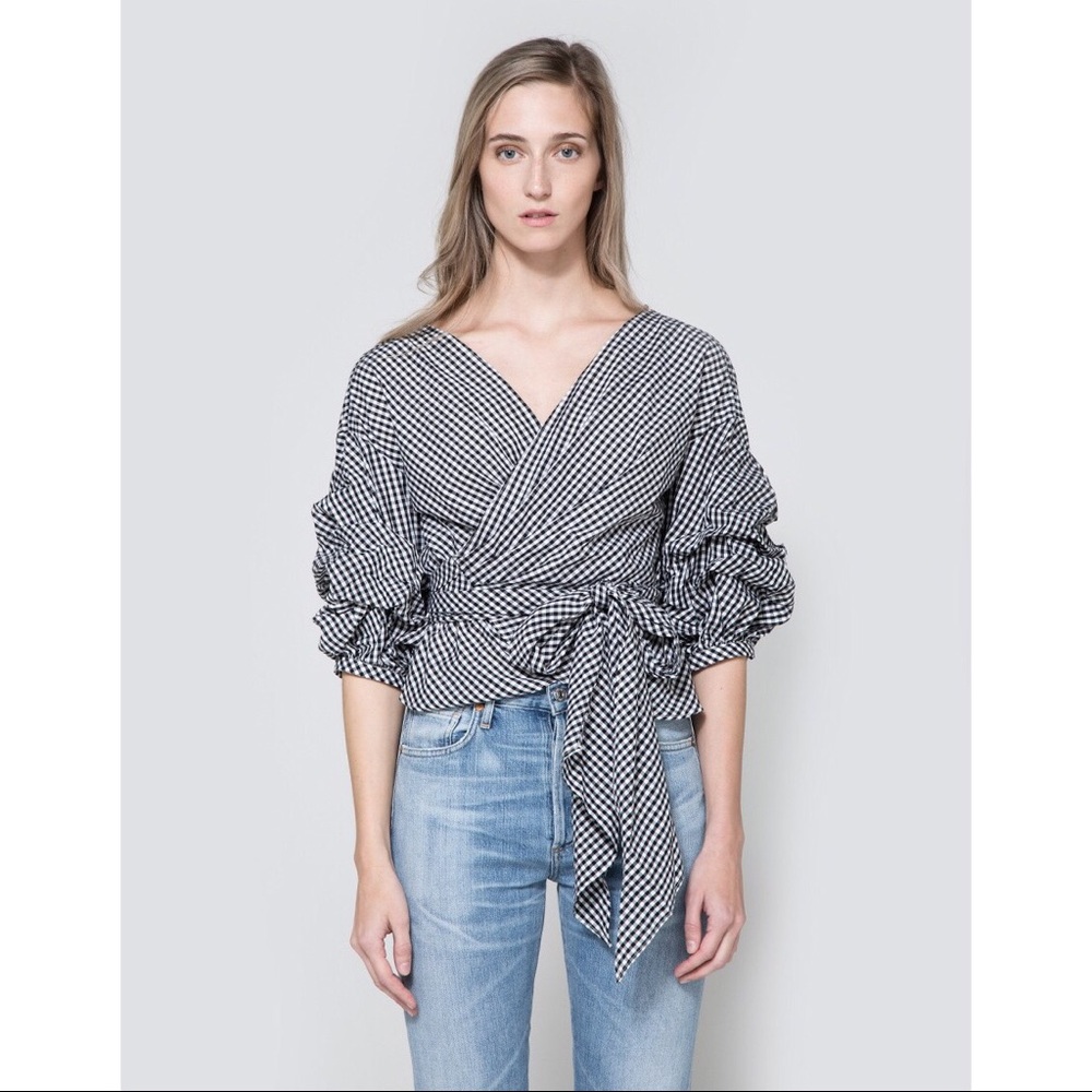 Farrow Jayne gingham wrap ruched sleeve top sz M